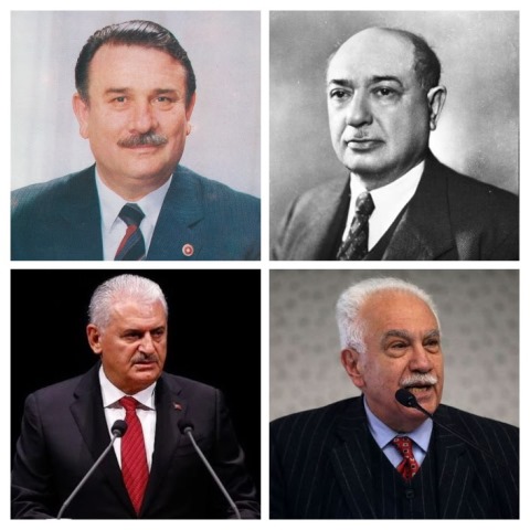 (Soldan sağa) Erzincanlı siyasetçiler Binali Yıldırım (1955), Doğu Perinçek (1942), (üst sıra) Yıldırım Akbulut (1935-2021) ve Şemsettin Günaltay (1883-1961) 