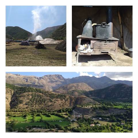 Erzincan Girlevik köyünde odun kömürü üreten Mazıdağlı işçiler,  kuzine  demlenen çay molasında  soluklanıyor