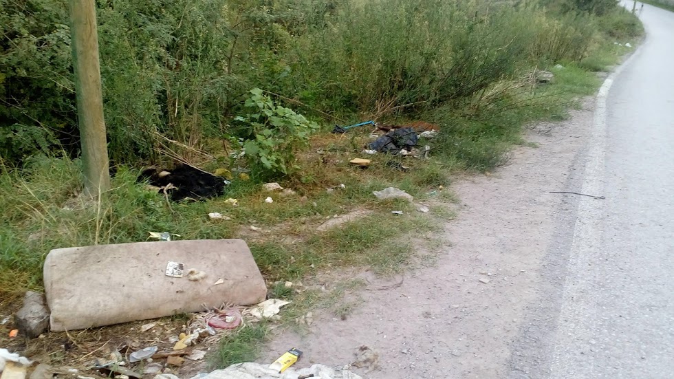Körfezkent'e birkaç yüz metre mesafedeki  Körfez Belediyesi çöplüğünün karşısında yola saçılan hayvan derileri ve çöpler, 2 Eylül 2019 (Türkiye'nin midesini bulandıran  koku)